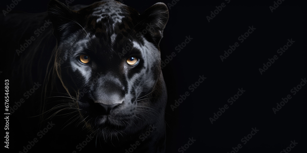 A captivating Panther portrait on a black background, Copy Space. A captivating Panther portrait on a black background, Copy Space.