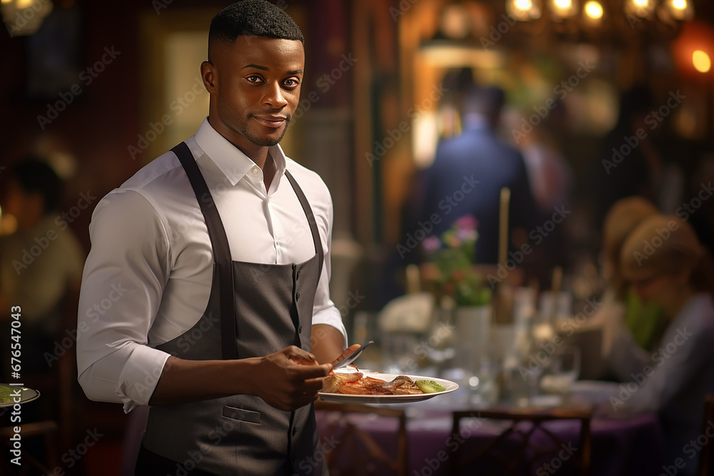 Waiter Serving Guests in Elegant Restaurant Setting Waiter Serving Guests in Elegant Restaurant Setting