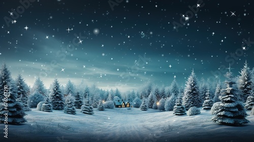Christmas tree decorated in snowy winter landscape with bright balls stars glowing and blur background AI generated 
