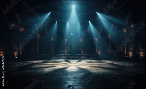 Empty stage with spotlights and smoke in the dark. 3D rendering