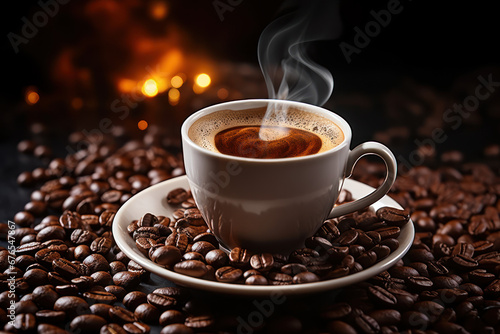 A steaming cup of aromatic coffee surrounded by scattered coffee beans. Concept of morning ritual and caffeine boost. Generative Ai.