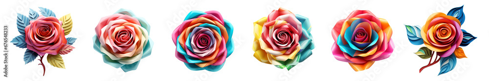 Set of colorful 3d render rose blossom, isolated beautiful flowers illustration on transparent background. Generative AI - obrazy, fototapety, plakaty 