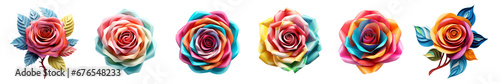 Set of colorful 3d render rose blossom, isolated beautiful flowers illustration on transparent background. Generative AI