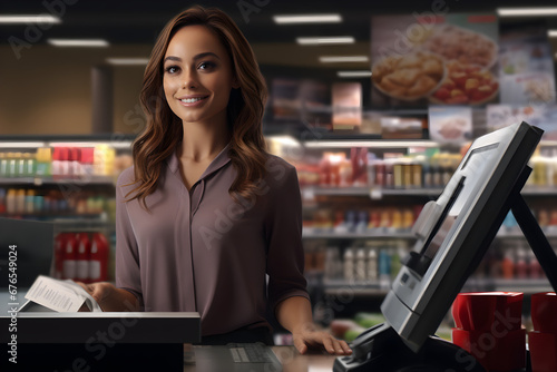 Junge Kassiererin/Frau an der Supermarktkasse, Einzelhandel, erstellt mit generativer KI