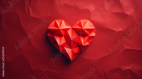 Red Geometric Origami 3d Heart On Red Paper Background. Beautiful Polygon Heart For Saint Valentine's Day. Love, Romance For February 14. Ai Generated. Horizontal Plane.