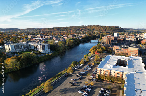 view of chenango river in downtown bighamton new york (southern tier, small town usa) aerial view from above photo