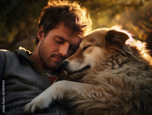 Man hugs dog with her eyes closed in the warm rays of the sun, AI © Vitalii But