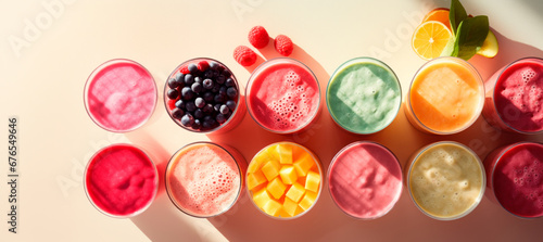 A lot of different colored smoothies in tall glasses with leaves on them, top view of puree texture