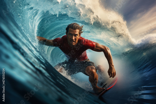 A surfer riding a wave with exhilaration in a coastal paradise. Concept of extreme sports and adventure. Generative Ai.