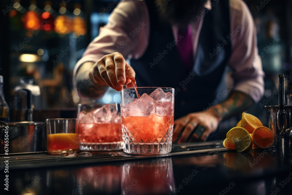 A bartender mixing a creative cocktail with flair and precision. Concept of mixology and bartending. Generative Ai.