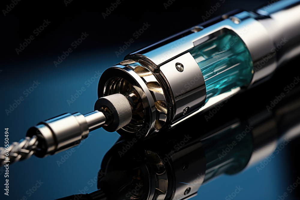 A close-up of a surgical tool used for implant placement. Concept of dental surgery and precision. Generative Ai. A close-up of a surgical tool used for implant placement. Concept of dental surgery and precision. Generative Ai.