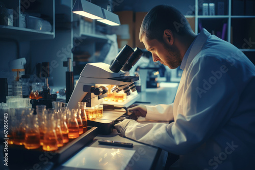 A scientist examining a specimen under a microscope in a lab. Concept of microscopic research and discovery. Generative Ai.