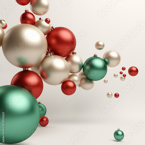 3d render. Winter holiday wallpaper. Festive green and red Christmas ornaments and baubles
