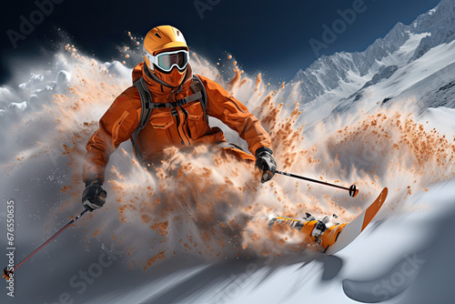 Young male snowboarder riding from the top of the snowy hill with snowboard at ski resort. Ski season and winter sports concept. Man in ski suit at ski resort. freeride photo