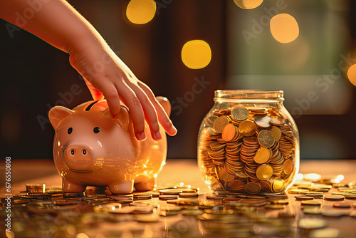 illustration of a child hand with a pink piggy bank and a jar full of coins photo