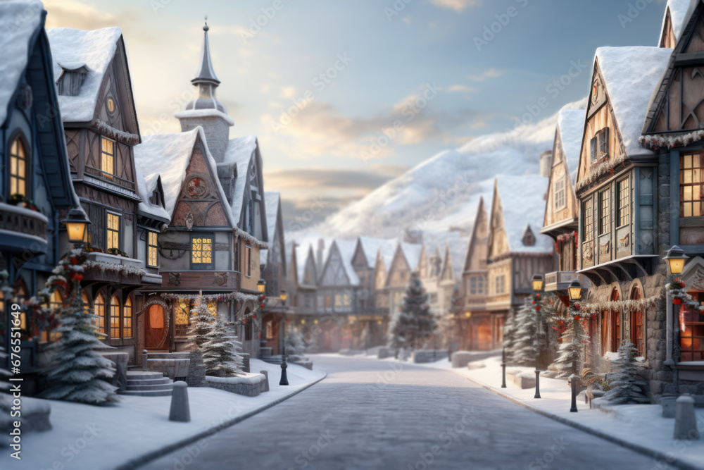Naklejka premium A charming holiday village with quaint houses, snow-covered rooftops, and a central town square adorned with a towering Christmas tree. Generative Ai.