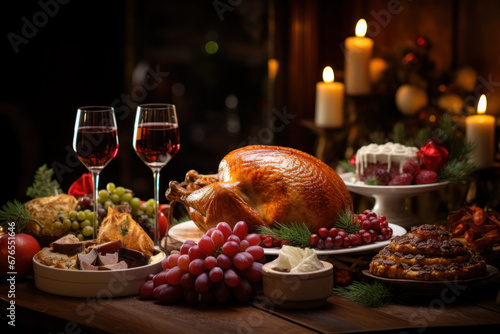 A festive holiday table with a grand feast of turkey  ham  and all the trimmings  epitomizing the abundance and indulgence of Christmas dinner. Generative Ai.