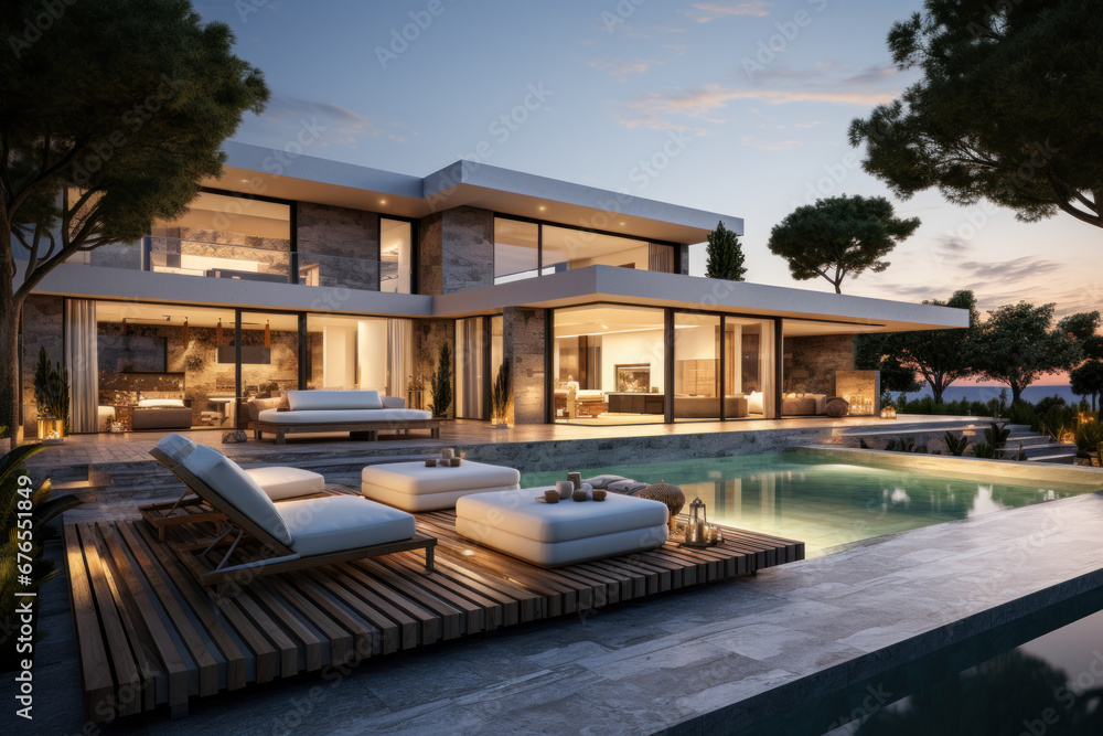 Contemporary residence featuring an open-plan living space and a private wing of bedrooms, including a small terrace for relaxation. Generative Ai. Contemporary residence featuring an open-plan living space and a private wing of bedrooms, including a small terrace for relaxation. Generative Ai.