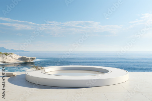 Shimmering white podium overlooking the serene ocean in the backdrop, capturing an elegant and tranquil atmosphere. Generative Ai.