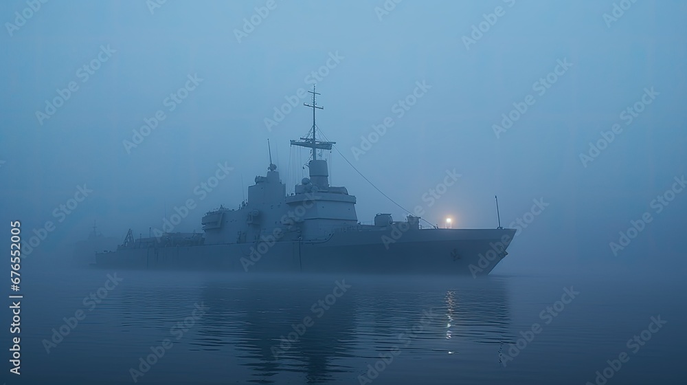 Navy ship, battle ship or warship in the ocean. Military sea transport. Seascape with morning thick fog. Illustration for cover, card, postcard, interior design, decor or print.