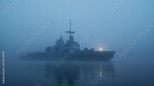 Navy ship, battle ship or warship in the ocean. Military sea transport. Seascape with morning thick fog. Illustration for cover, card, postcard, interior design, decor or print.