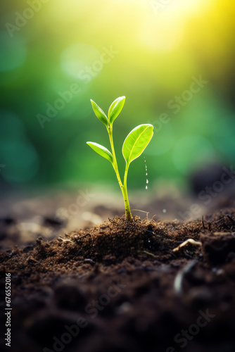 Green sprout in the ground, with green blurred bokeh background, with space for text