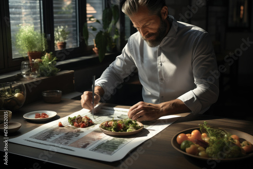 A contemporary food stylist artfully presenting a meal in a restaurant setting  highlighting the art of food presentation and service. Generative Ai.