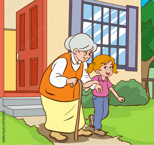 boy eating ice creGrandmother and granddaughter in front of the house. Vector illustration.am-01