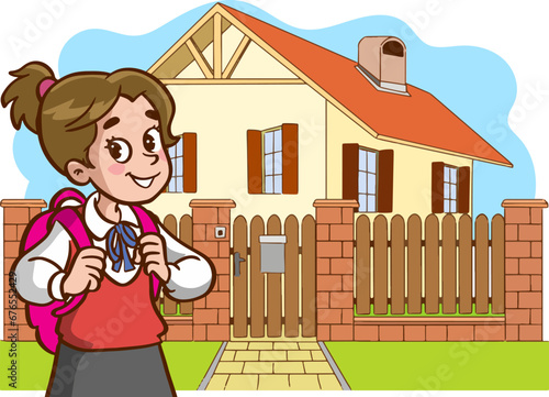 Illustration of a Cute Little School Girl in Front of a School Building