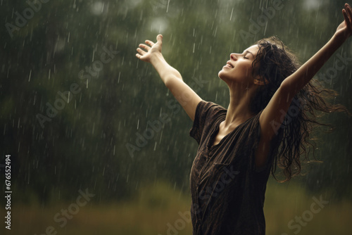 Young woman feeling relieved in beautiful green nature, enjoying the rain, breathing the fresh air with opened arms 