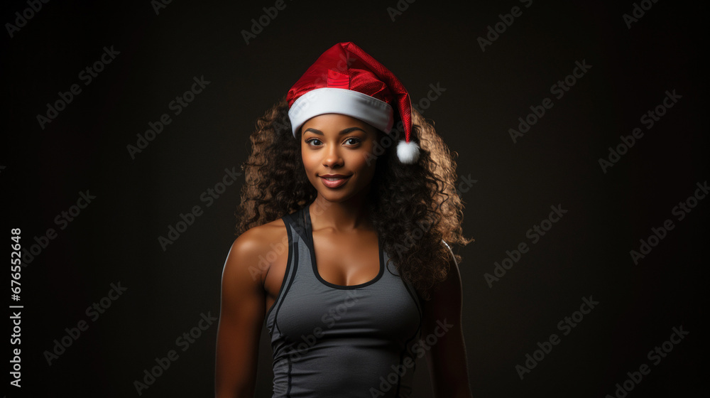 Woman bodybuilder wearing Santa Claus hat at Christmas, black background Woman bodybuilder wearing Santa Claus hat at Christmas, black background