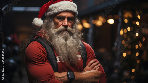 Man bodybuilder wearing Santa Claus hat at Christmas, gym © CreatieveART