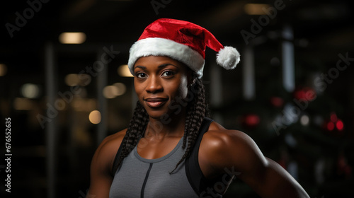 Woman bodybuilder wearing Santa Claus hat at Christmas, gym © CreatieveART