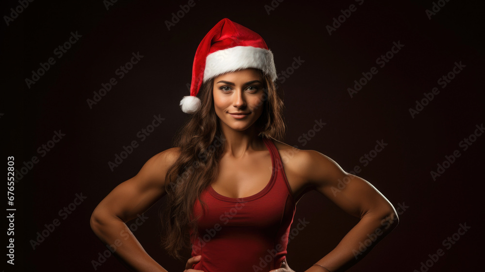 Woman bodybuilder wearing Santa Claus hat at Christmas, black background Woman bodybuilder wearing Santa Claus hat at Christmas, black background