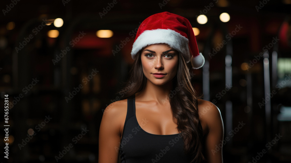 Woman bodybuilder wearing Santa Claus hat at Christmas, gym Woman bodybuilder wearing Santa Claus hat at Christmas, gym
