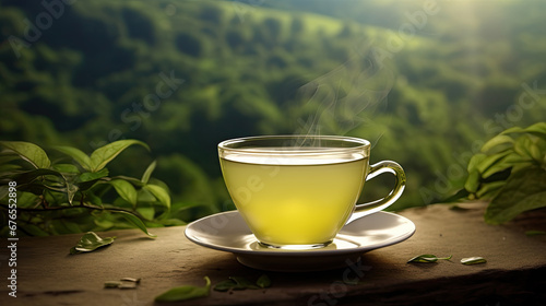 Illustration with a cup of green tea with tea plantations on a background. For covers, banners and other projects about tea and other healthy drinks.
