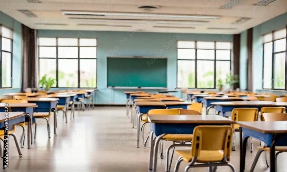 Empty elementary school classroom with no students, featuring a blurry view of chairs and tables in the quiet campus setting