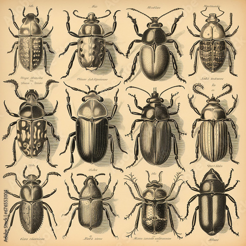 Page of an antique retro book of insect beetles identification book, black and white drawing engraving style © Dmitry