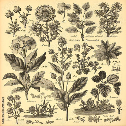 Page of an antique retro book with a guide to plants and flowers, black and white drawing engraving style