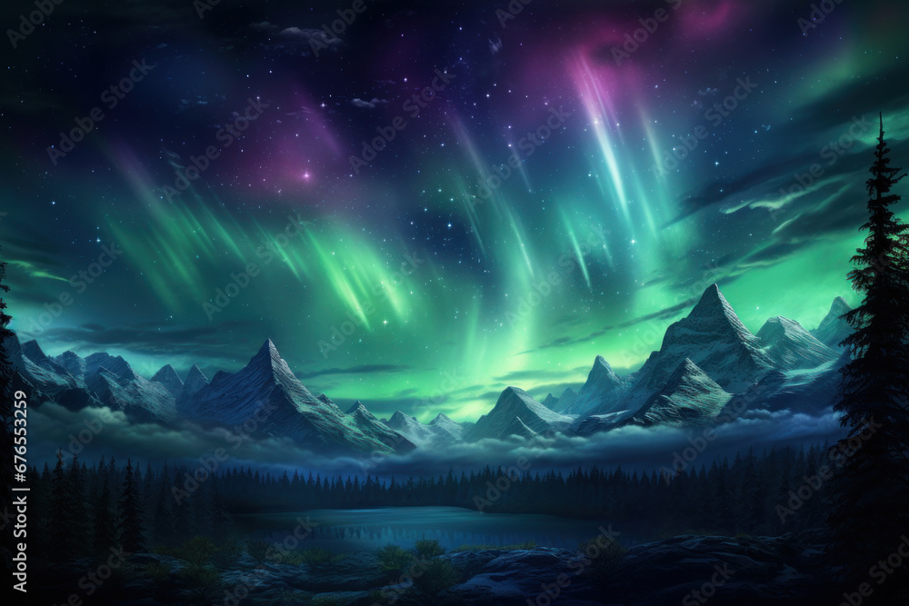 A mesmerizing view of the Northern Lights painting the night sky with vibrant colors and awe-inspiring beauty. Generative Ai.
