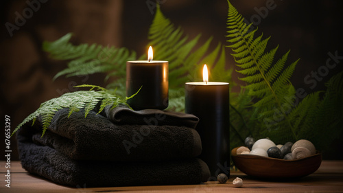 spa composition of black stones and candles on wooden background. selective focus, copy space