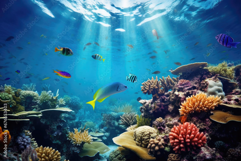 Fototapeta premium Split underwater view of tropical sea bottom and sky background