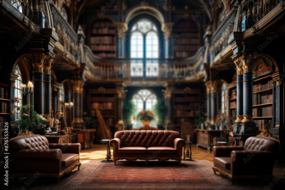 A grand library with towering bookshelves and ornate architecture, inviting readers into a world of knowledge and imagination. Generative Ai.