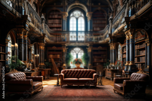 A grand library with towering bookshelves and ornate architecture, inviting readers into a world of knowledge and imagination. Generative Ai. © Sebastian