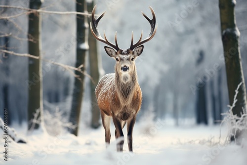 A stunning deer surrounded by snow amidst dense woodland. Generative AI