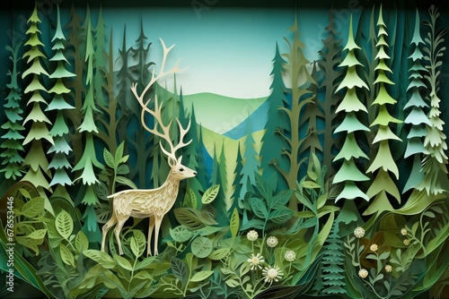 Artistic green forest with animals  created using cut paper technique. Generative AI