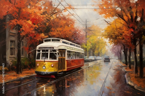 Autumn streetcar painting. Generative AI
