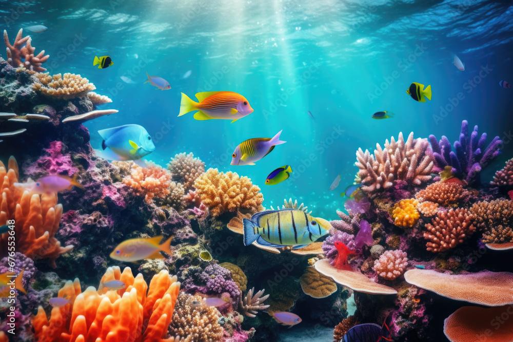 Split underwater view of tropical sea bottom and sky background - obrazy, fototapety, plakaty 