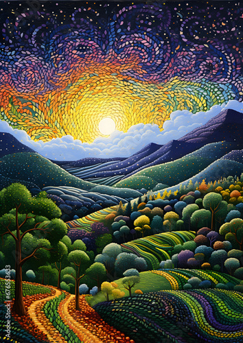 Vibrant Pointillist Landscape with Radiant Sunset, Stylized Trees and Rolling Hills, Perfect for Artistic Posters or Whimsical Book Covers