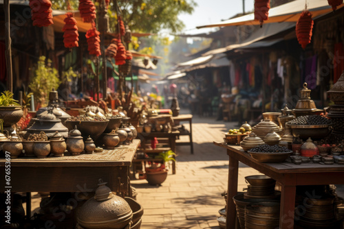 A bustling street market with vendors selling exotic spices, textiles, and crafts, immersing visitors in the vibrant culture of a foreign land. Generative Ai. photo